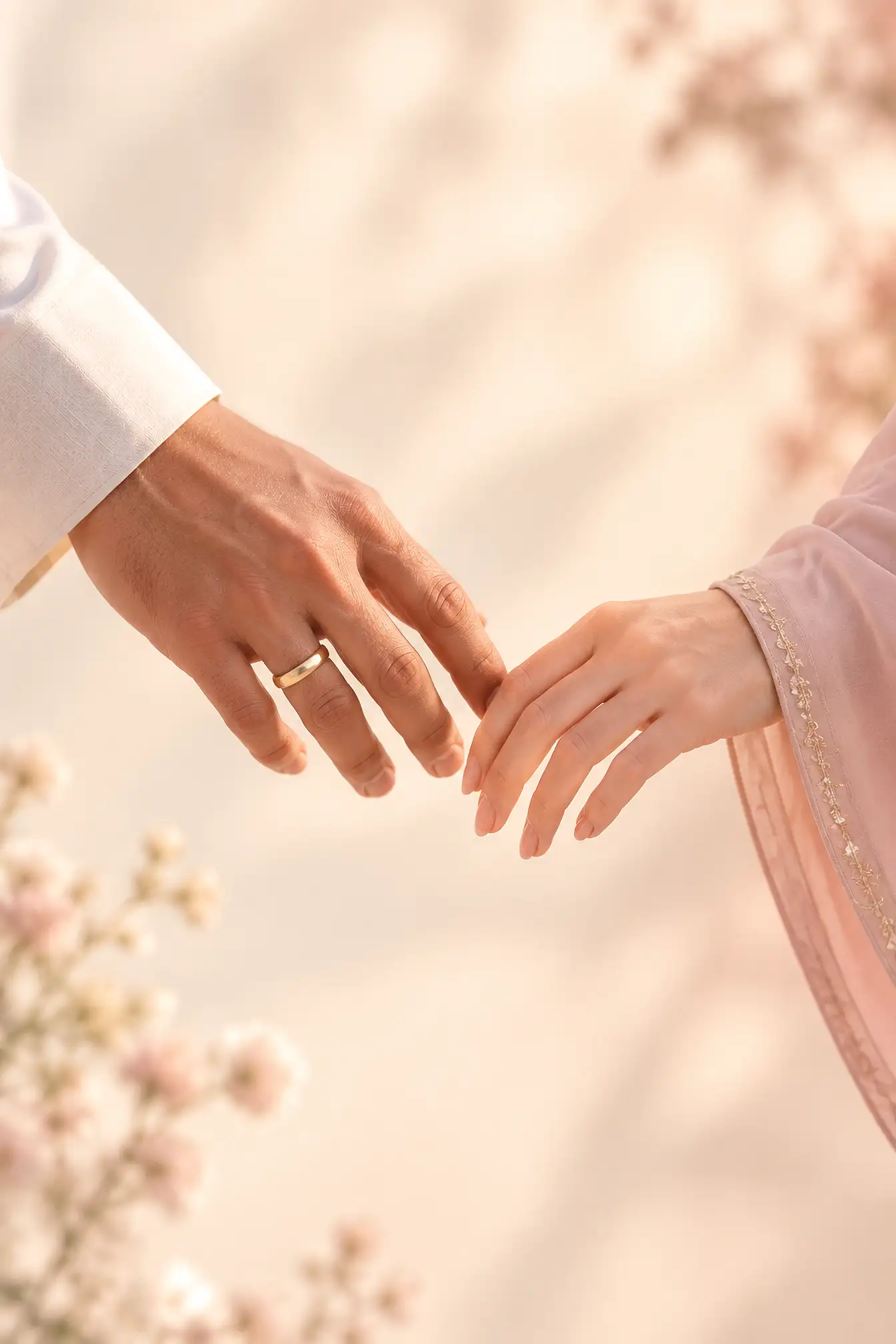 A bride's and groom's hands reaching toward each other, fingertips just touching, his wedding ring catching the light.